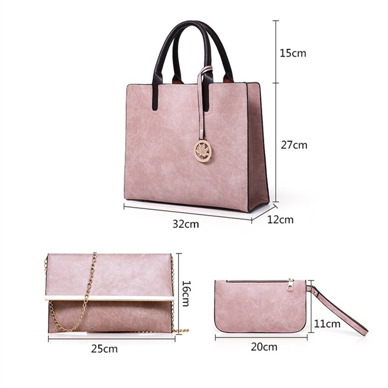 3PCS Women&#39;s Bag Set PU Leather Ladies Handbag Solid Color Messenger Shoulder Bag Wallet Bags For Women