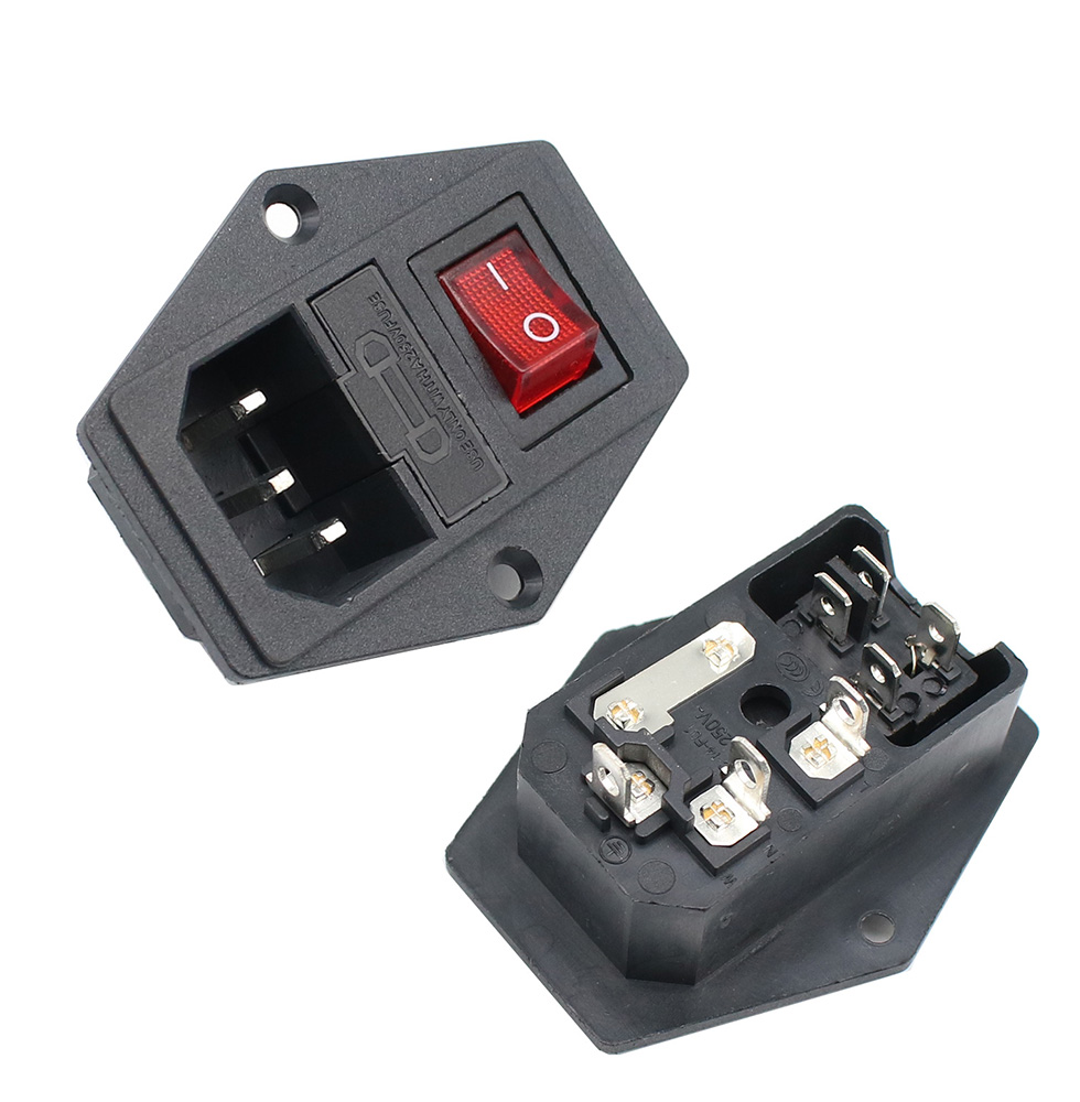 IEC320 C14 Electrical AC Socket 3 pin red LED 250V Rocker Switch 10A fuse female male inlet plug connector 2 pin socket mount