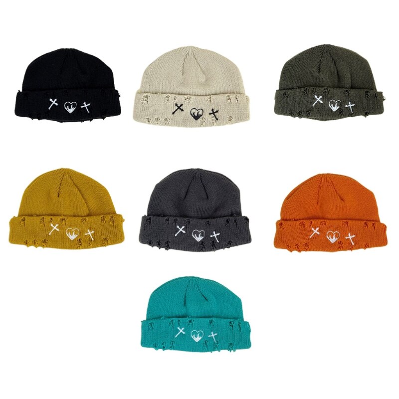 Gorro de lana de punto Flexible con agujeros rotos, cálido, diario, invierno salvaje