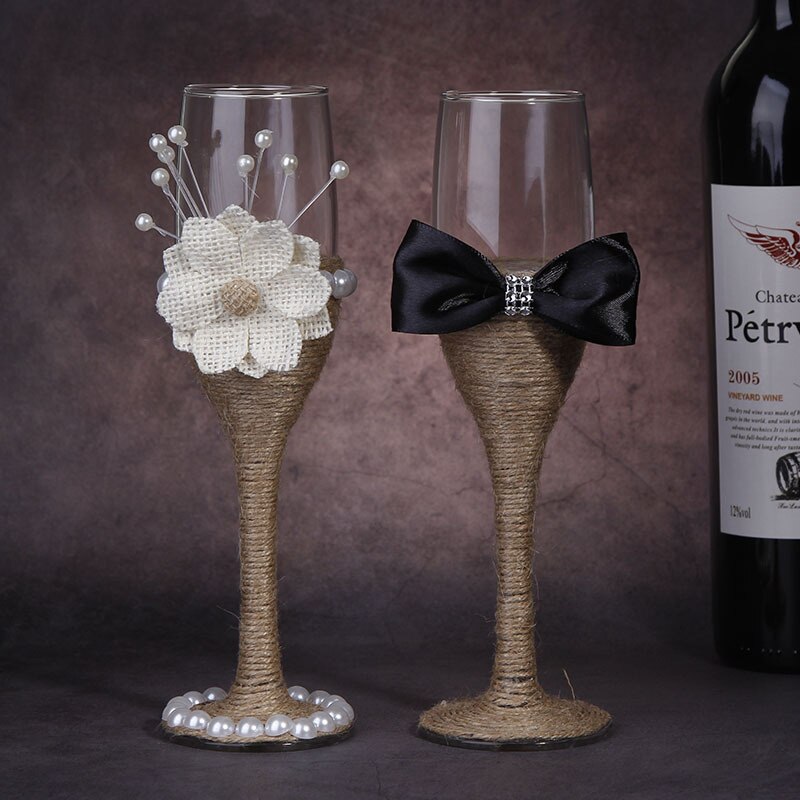 2 st set bröllopsglas linne kristall bröllop champagneglas spetsklänning bägare rödvin glas kopp bröllopsdekoration