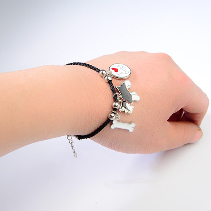 Standaard Schnauzer charme armbanden voor vrouwen meisjes zilver kleur legering hond hanger zwart touw ketting vrouwelijke armband bijoux femme