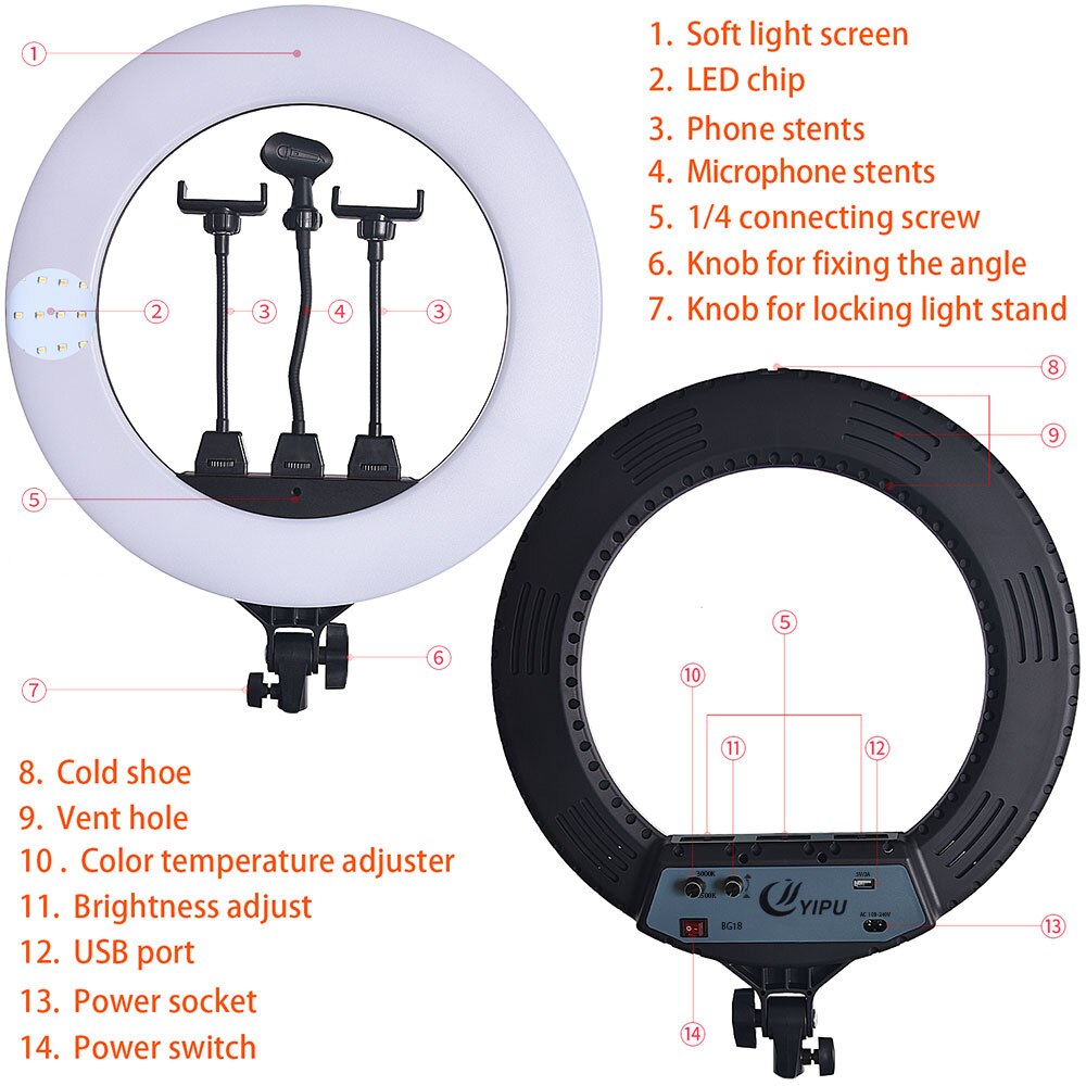 Professionele 18 Inch Led Light Ring Met Telefoon Houder 48W Grote Ring Licht Video Live Studio Vulling Lamp