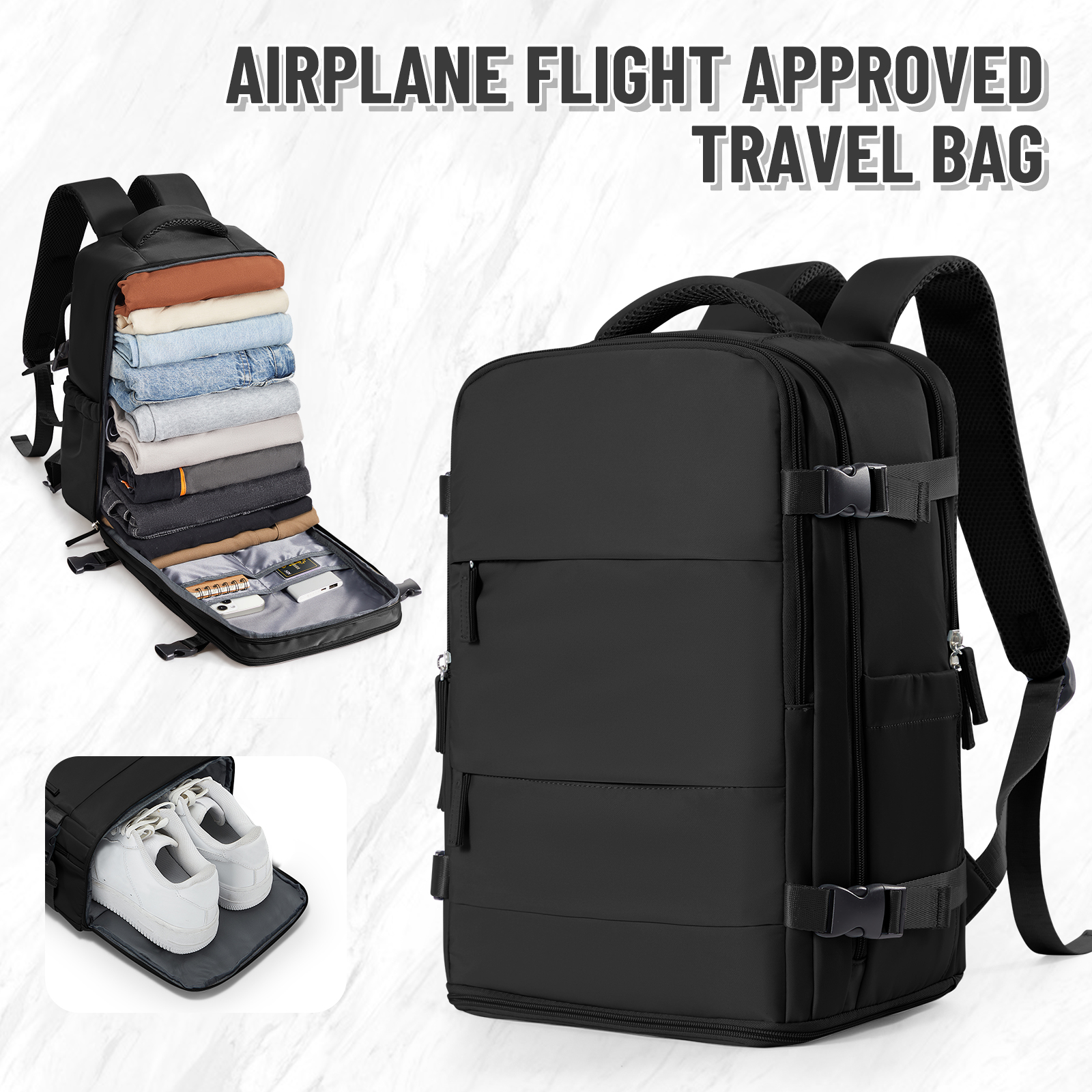 Travel Backpack for Women Men, Hand Luggage Backpack Business College Laptop Carry on Backpack Travel Cabin Airplane 40x20x25: black