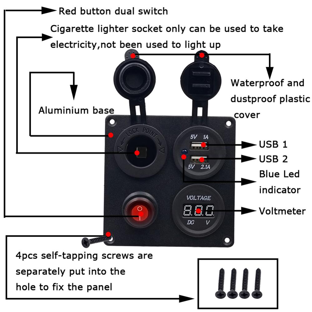 12V/24V ON-OFF Button Switch Panel Dual USB Socket Charger Red LED Voltmeter For Boat Car Truck Motorcycle ATV Marine