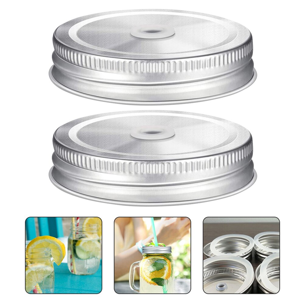 2Pcs Straw Lids Stainless Steel Lids Canning Jar Lids with Straw Holes: 7X7CM