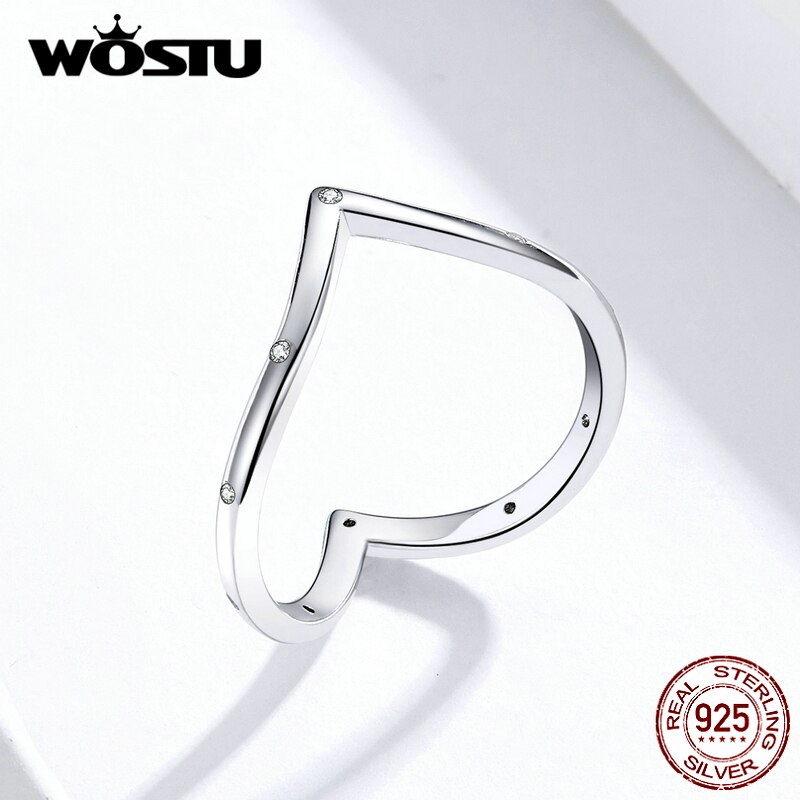 WOSTU Genuine 925 Sterling Silver Love Shape Rings Simple Jewelry For Women Wedding Party Ring CQR622