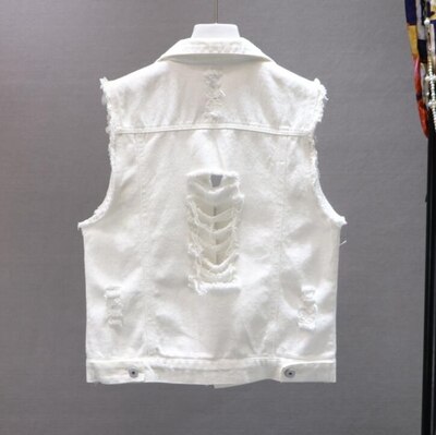 Chaleco vaquero de verano , chaleco de Mujer blanco puro con letras, chaleco de agujeros, chaqueta vaquera salvaje de primavera Para Mujer, chaleco de Para Mujer: White Hole Vest / S