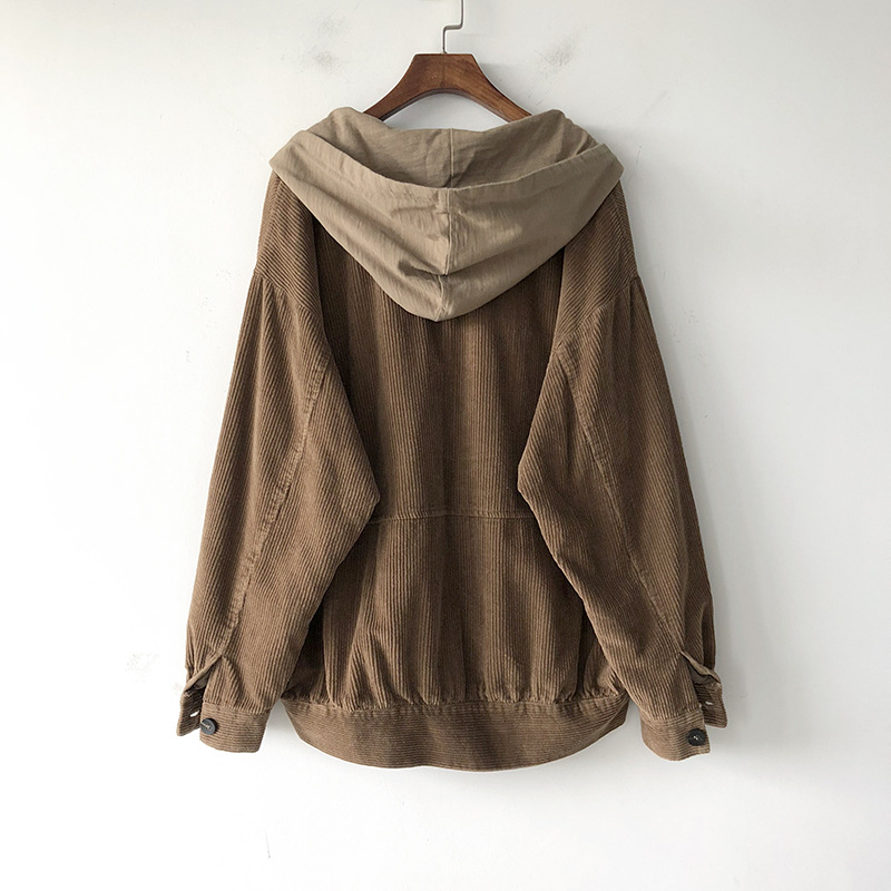 Chaqueta de pana casual suelta para mujer, chaqueta de color sólido de manga larga, abrigo de PANA con capucha, chaqueta de bolsillo de un solo pecho