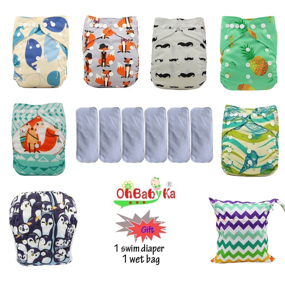 Ohbabyka Baby Cloth Diaper Couche Lavable Training Pants 6pcs Reusable Pocket Diaper Cover+6pcs Bamboo Insert Baby Nappies: 96