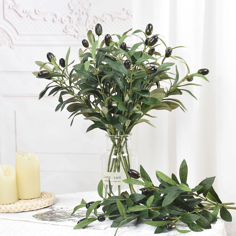 1/3 Uds hojas de olivo artificiales rama de árbol planta verde con fruta para el hogar jardín florero decoración ramo de boda flores de seda