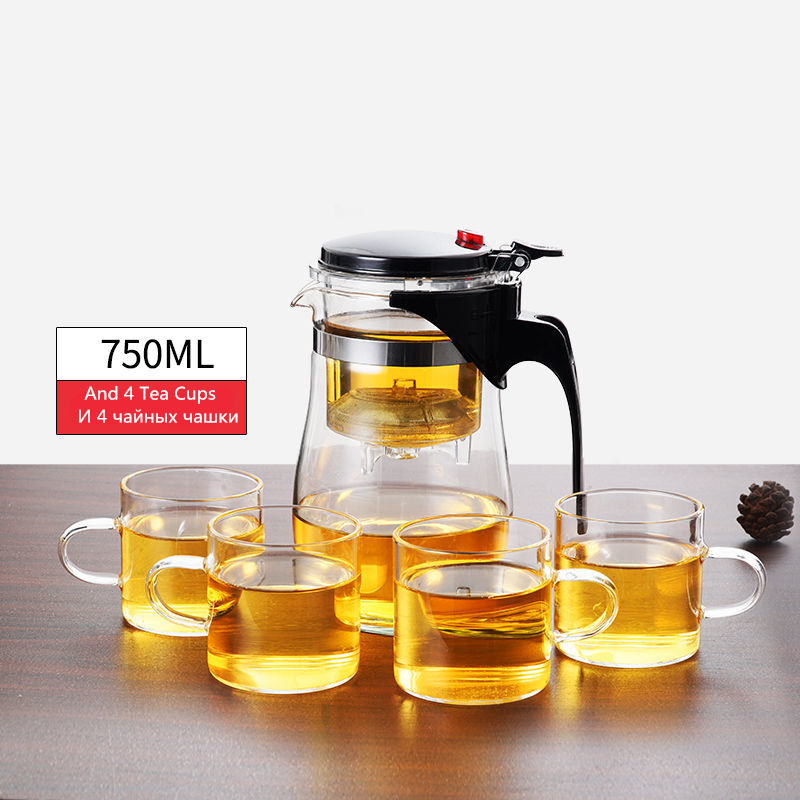 Chá infusor bules de chá de vidro resistente ao calor conjunto de chá chinês kung fu conjuntos de chá chaleira fabricante de vidro de café conveniente escritório bule de chá: 750ML And 4 Tea Cups