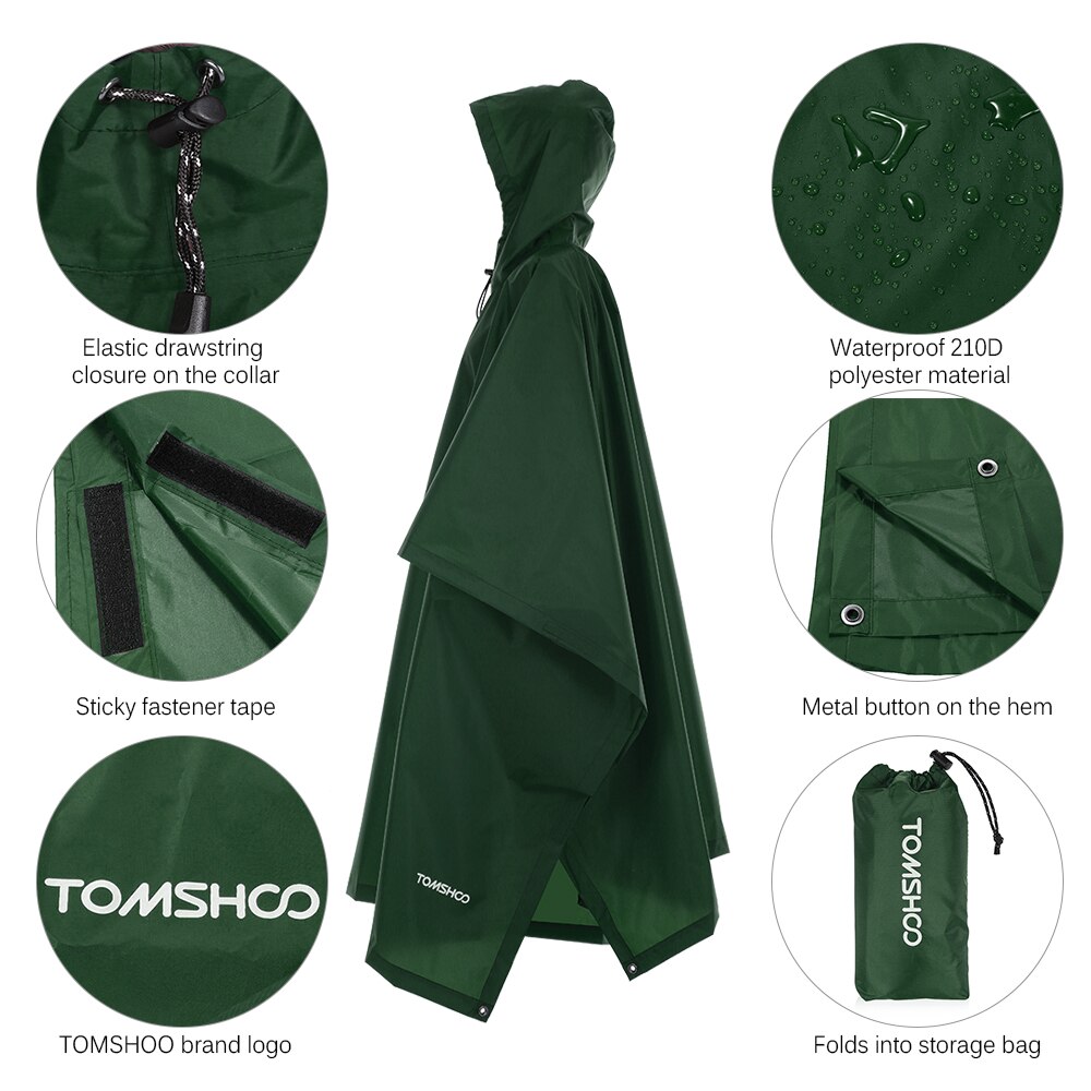 TOMSHOO-chubasquero ligero multifuncional con capucha, cubierta para lluvia, Poncho, capa de lluvia, estera para tienda de campaña al aire libre