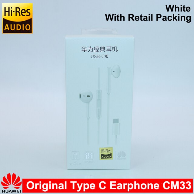 For HUAWEI CM33 Earphone USB Type-C In Ear Hearphone Headset Mic Volume HUAWEI Mate 10 Pro 20 X RS P20 30 Honor 7 8 V8: With Packing White
