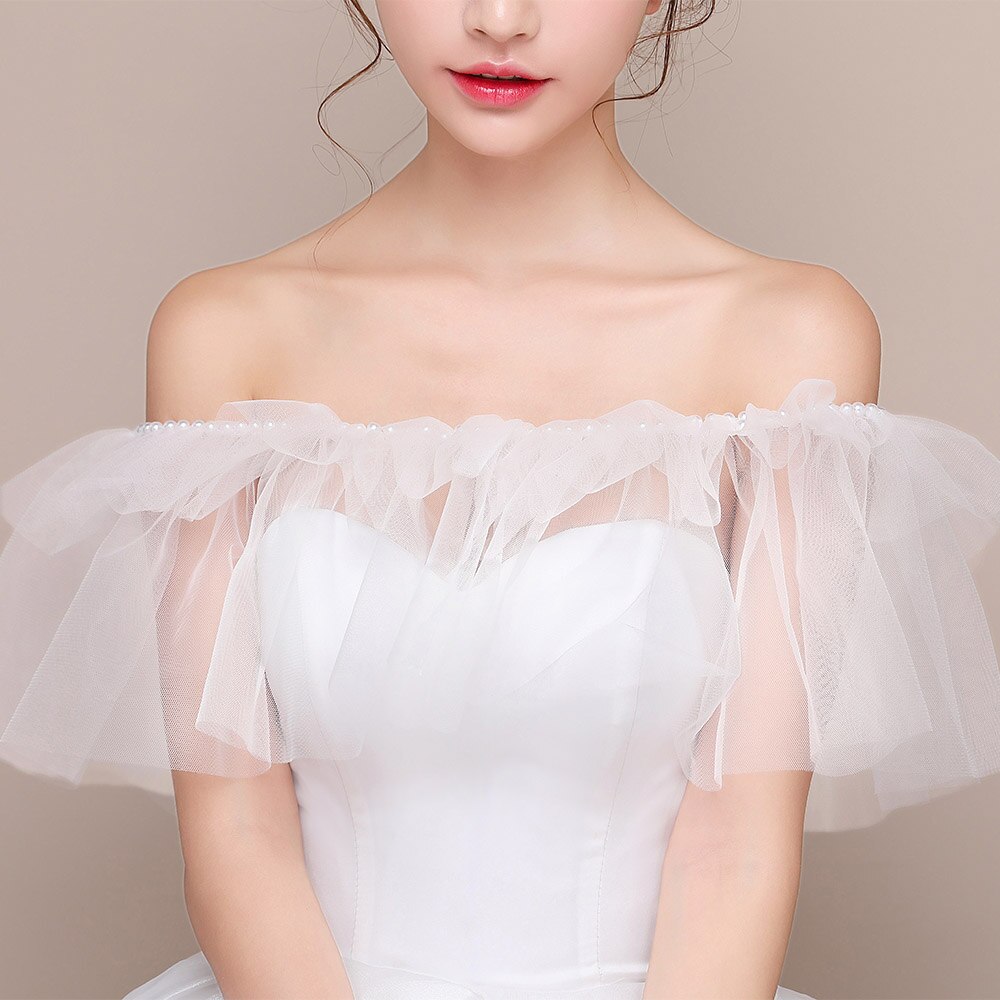 Frauen Elfenbein Hochzeit Braut wickeln Elegante Perlen Rüschen sexy schier Tüll Schal mit Band Weg Von der Schulter Stola für Formale kleid: Elfenbein / L