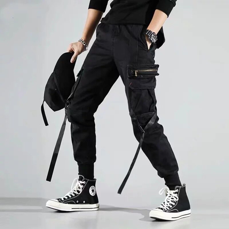 Pantalones Harem con bolsillos laterales para hombre otoño Hip Hop de cintas casuales para hombre Pantalones para correr Streetwear pantalón negro