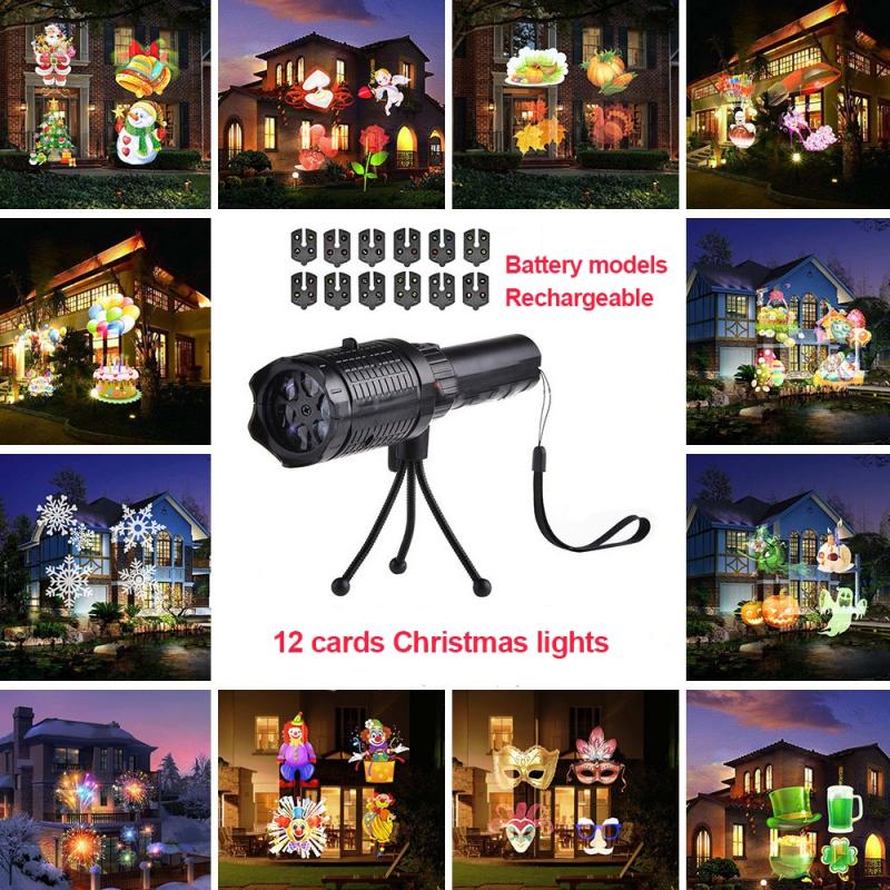 Halloween Kerst Projector Lamp Partij Led Podium Licht Sneeuwvlok Landschap 12 Patroon Kaart Zaklamp Film Projectie