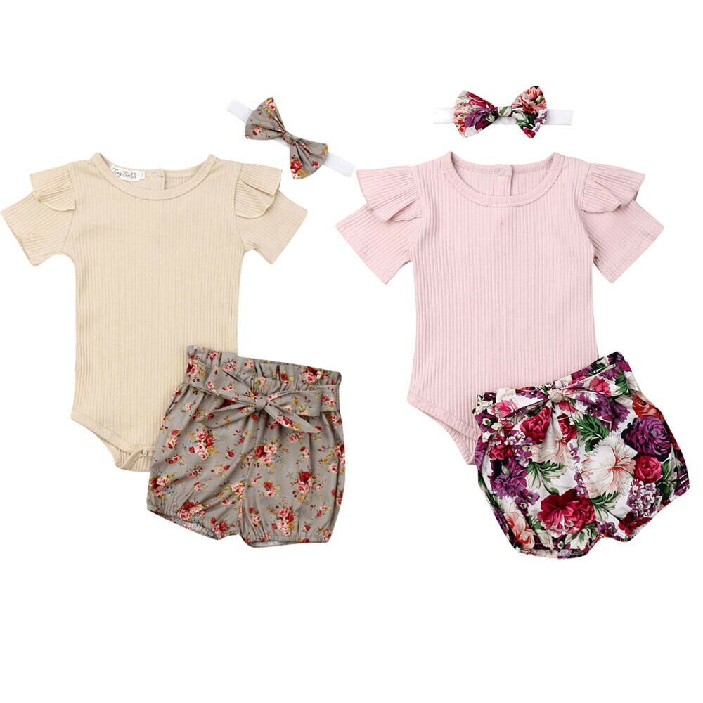 Baby Zomer Kleding Pasgeboren Baby Baby Meisje Jongens Kleding Sets Solid Geribbelde Romper + Bloemen Pp Shorts + Hoofdband 3Pcs Outfit
