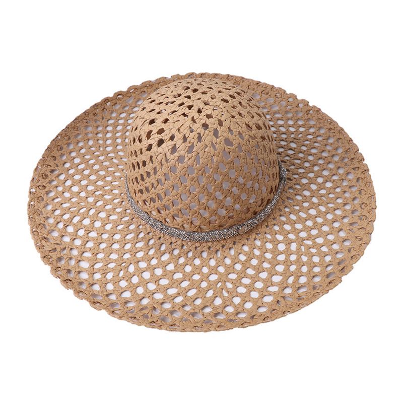 Dam sommar ihåligt mesh nät solhatt vävd halm stor bred brättad solkräm glitter strass kedja bälte panama strandmössa: B