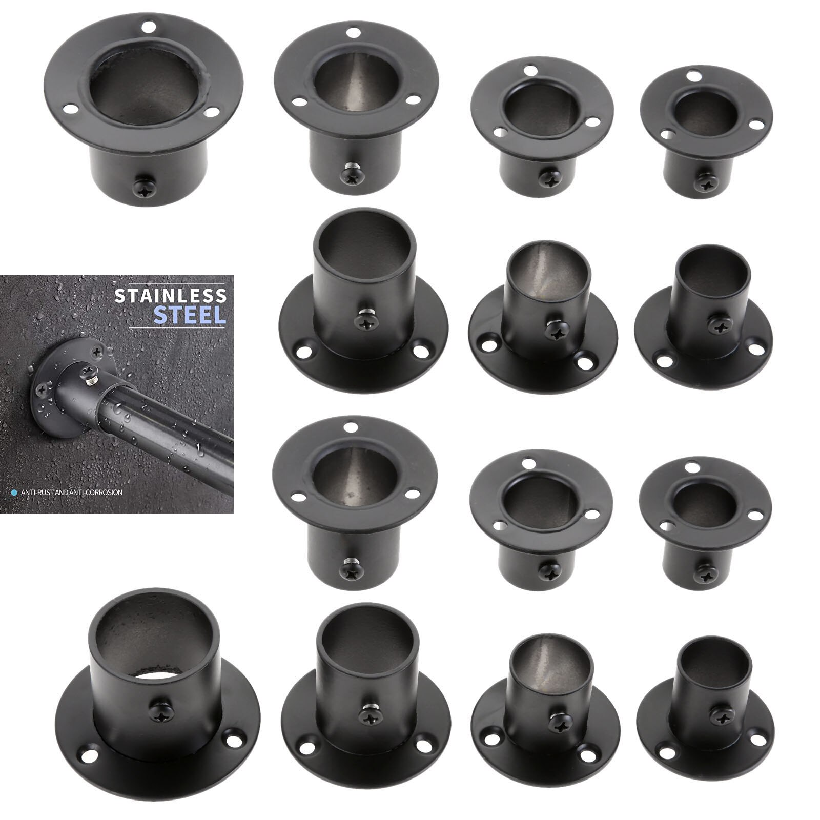 2Pcs/Kit Flens Staaf Houder Garderobe Opknoping Rail Rod Pole Socket End Ondersteuning Beugel Rvs 19/22/25/32Mm W/Schroef Zwart