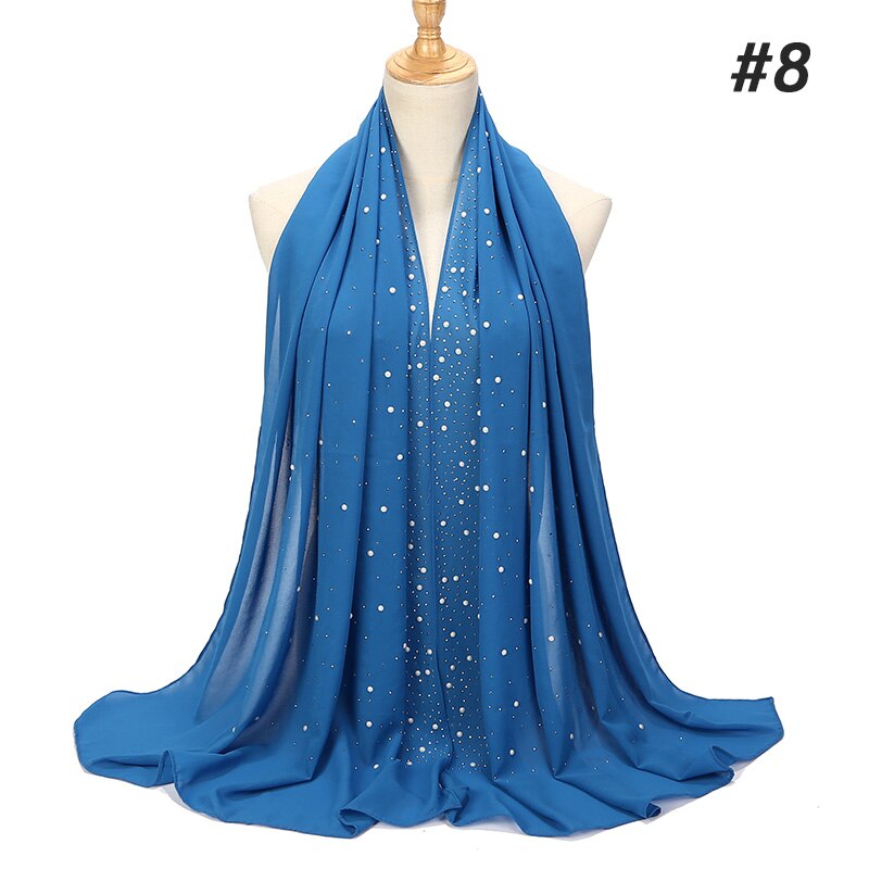 1 Pc Vrouwen Bellen Chiffon Sjaal Met Diamant Studs Parels Sjaal Vlakte Hijab Sjaals Wraps Effen Kleur Moslim hijab Sjaal: color 08