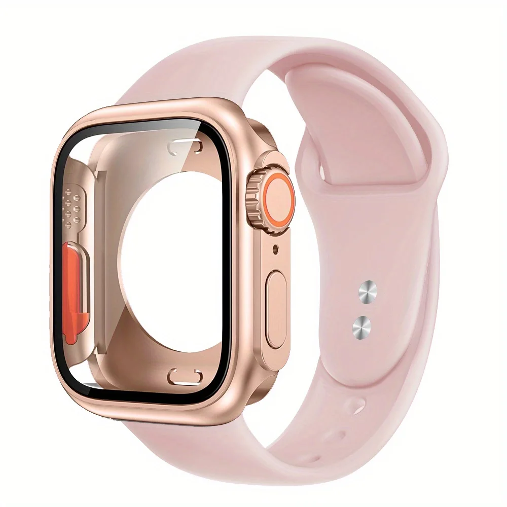 Silicone Band+Case For Apple Watch 40/44/41/45mm 46mm 49mm Breathable Strap with Tempered Glass Cover iWatch Series 10/9/8/7/6/5: Rose Gold / 9 inches