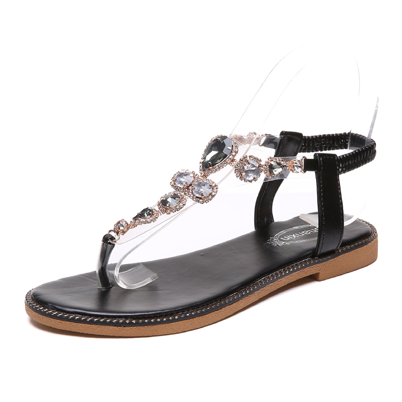 Frauen Sandalen Sommer gucken-Zehe Niedrigen Schuhe Böhmen Damen Schuhe kippen-Flops lässig Flache Strass Ketten Sandalen: Schwarz / 5