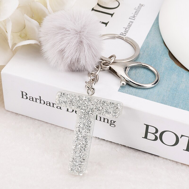 1 PC Sleutelhanger Zilver Kleur Engels Brief Sleutelhanger met Puffer Bal 26 Engels woord Glitter Hars A TOT Q Handtas bedels voor Vrouw: D39