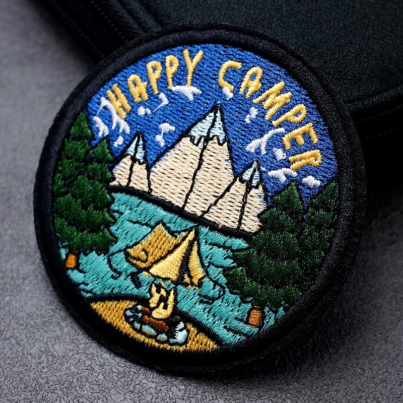 Happy Camper Size:7.7X7.7Cm Doek Patch Geborduurde Applique Naaien Kleding Kleding Accessoires Badges Circulaire