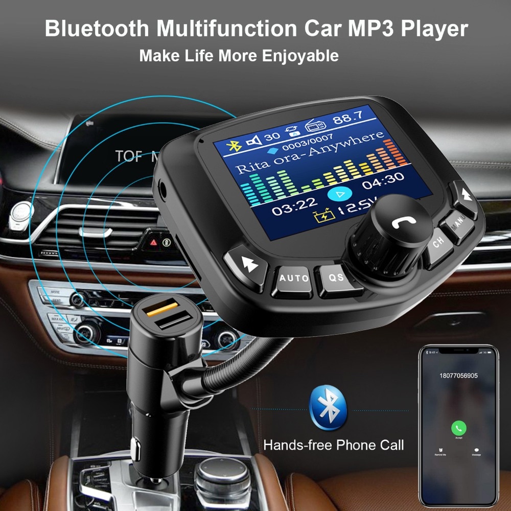 Bluetooth MP3 Speler Fm-zender Modulator Voertuig 3 Usb-poort Aux Poort QC3.0 Tf Card Met 1.8 Inch Scherm