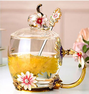 Varmebestandigt krystalglas krus, emalje glas krus, blomst te sæt kaffekop, vand mælk kaffe drinkware til: Blå