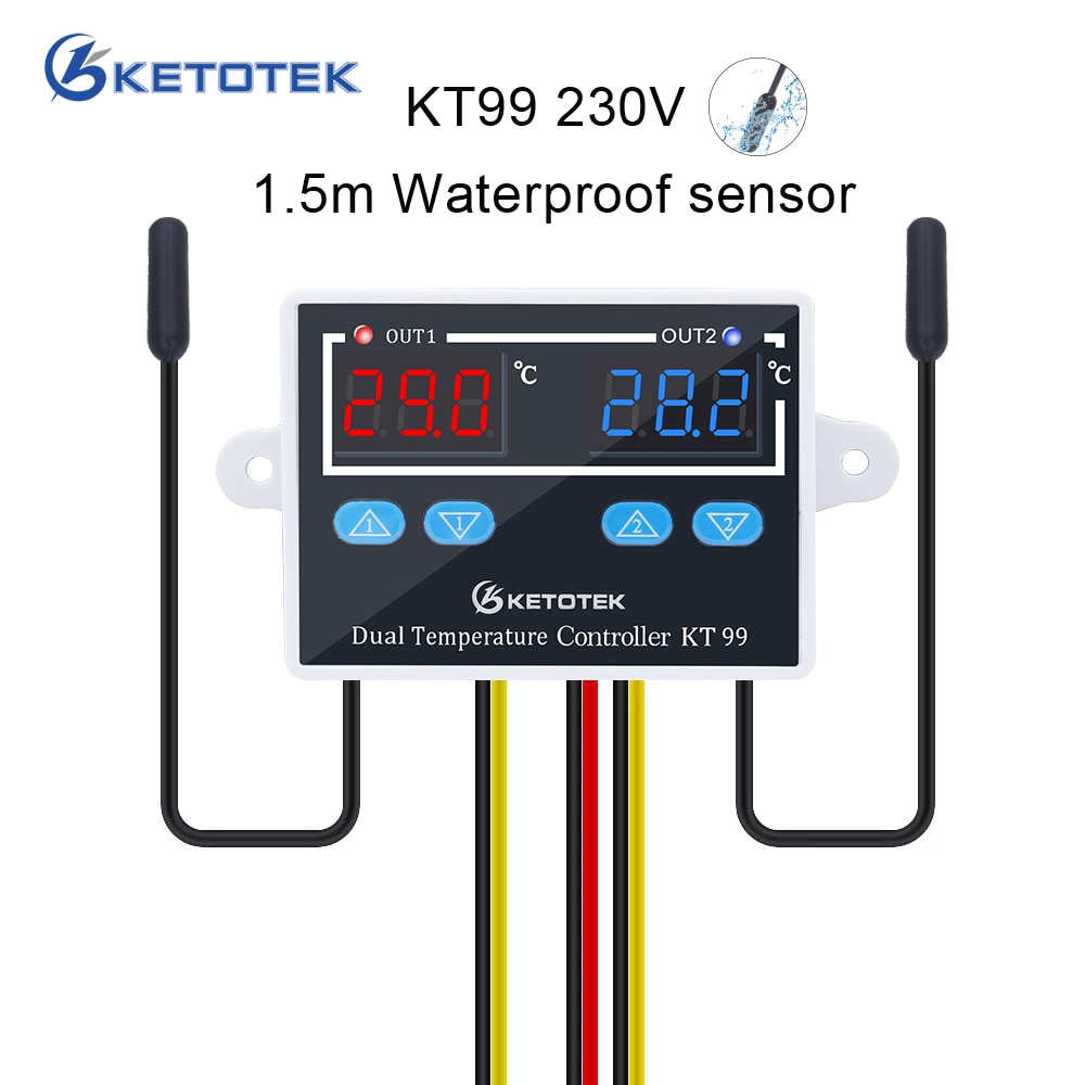 Termostato Digital para incubadora, controlador de temperatura, Control de enfriamiento de calefacción con sonda Dual, 12V, 24V, 220V, KT99