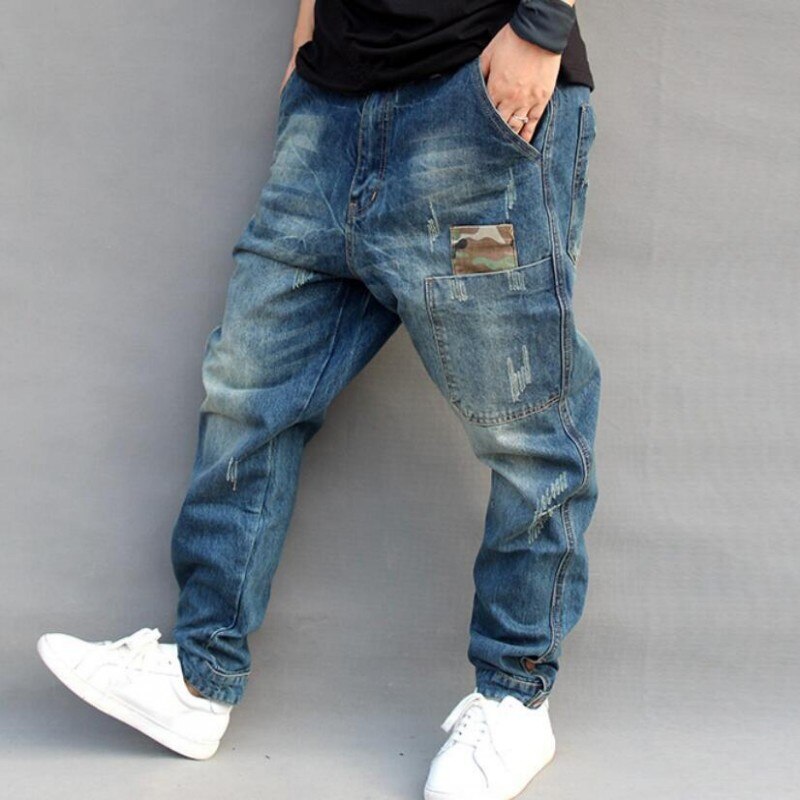 Blå hål rippade baggy män hiphop streetwear skateboarder denim byxor herr löst passform plus hiphop jeans storlek s -4xl