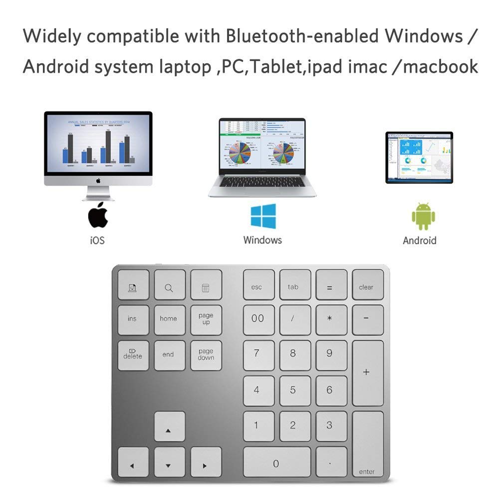 Zienstar – clavier numérique Bluetooth, 34 touches, pavé numérique externe sans fil avec plusieurs raccourcis, pour ordinateur, Macbook, tablette Android
