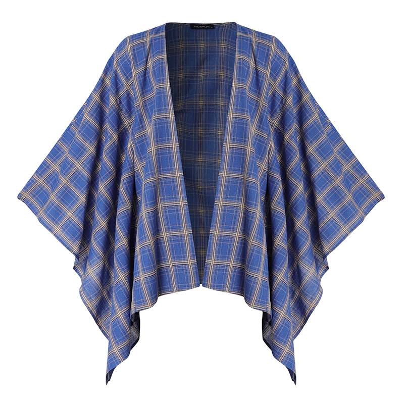 INCERUN, camisa Vintage para hombre, capa a cuadros, puntada abierta, ropa informal suelta, prendas de vestir exteriores , Kimono, Tops, cárdigan de capa Irregular para hombre: Blue / 4XL
