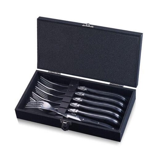 Laguiole Black Wood Knives 6-Piece Black Wooden Handle Steak Knife Fork Spoon set Japanese Wood Cutlery Christmas 8.7 in