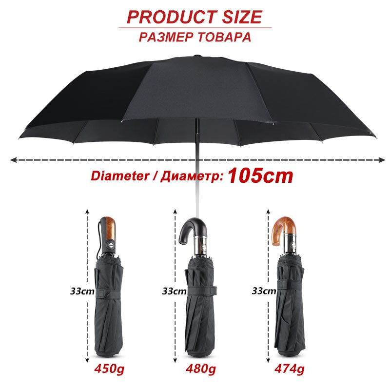 Parapluie classique de style anglais pour hommes, automatique, 10 nervures, résistant au vent, 3 plis, Parasol de professionnelle, pour la pluie