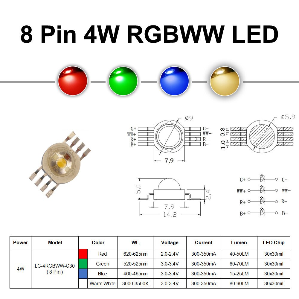 45MIL Rgbw Led Diode 8Pins High Power Led Chip 4W-12W Kleurrijke Vier Core Bronnen Diy voor Led Podium Verlichting Kralen 4.7