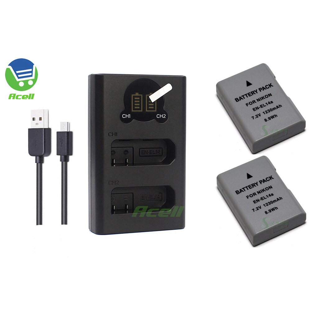 Batería de EN-EL14a + LCD USB cargador Dual para cámara Nikon, reemplazo de EN-EL14, para D5600, D5500, D5300, D5200, D5100, D3500, D3400, D3100, Df