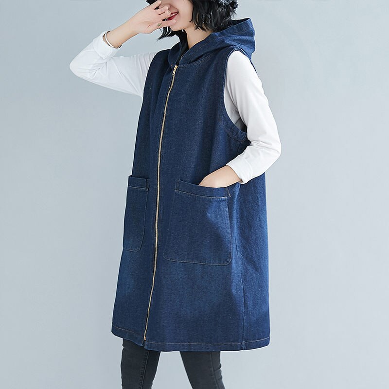 Chaleco vaquero largo sin mangas para mujer, chaqueta vaquera con capucha, Tops de talla grande coreana, r126, Otoño,