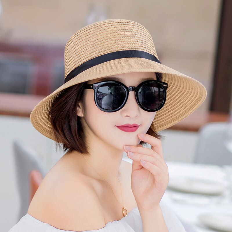 women's straw hat wide brim sun hat ladies solid black ribbon bow floppy beach hat female packable summer hat: B2