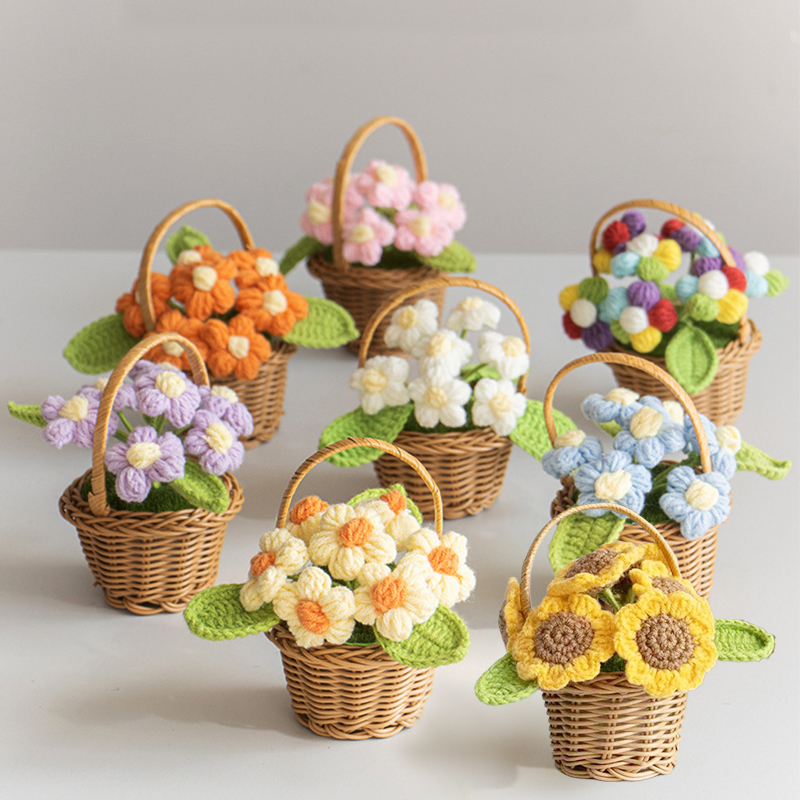 Stickade solrosor kruka konstgjorda blommor färdiga handvävda växter för kontor skrivbordsdekoration mini bröllopsprydnad