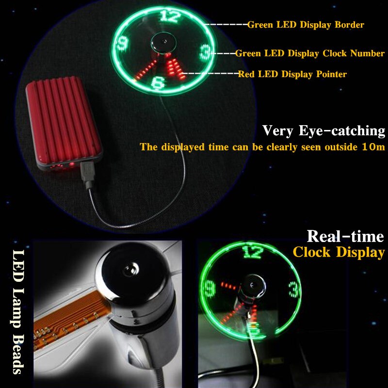 DIY USB Gadget Mini LED Light Flash Clock Fan Flexible Alloy Real-time Clock Display Cool Fan for PC&Laptop&Car&Mobile Power