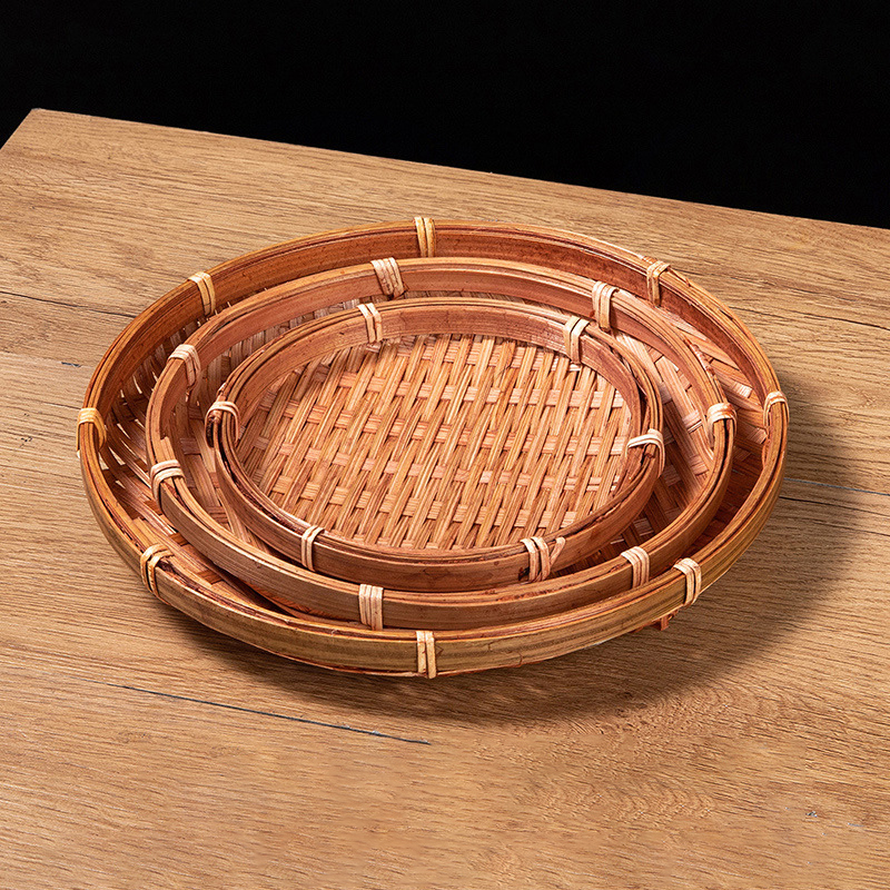 Cesta tejida de bambú, bandeja plana de mimbre redonda, cesta de frutas tejida, almacenamiento de alimentos, bandeja poco profunda, bandeja decorativa para servir para el hogar y la cocina