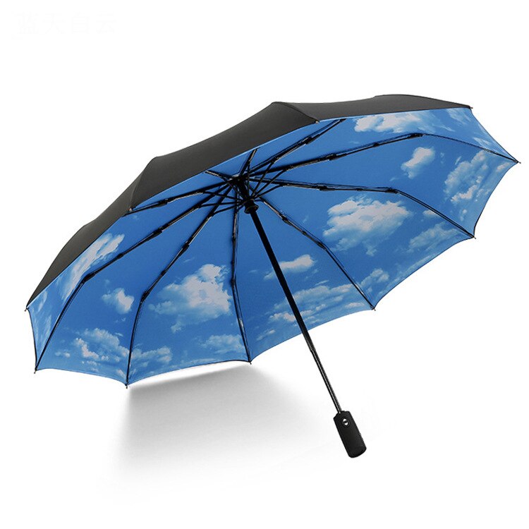 Two-layer Rain Umbrellas Men Women Automatic 3 Fold Windproof 10 Ribs Large Parasol Female Sunny Rainy Solid Color Umbrella: Sky