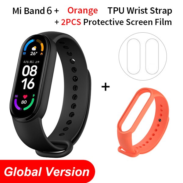 Global Version Xiaomi Mi Band 6 AMOLED Screen Blood Oxygen Fitness Traker Heart Rate 5ATM Waterproof Smart Band 5 Color Bracelet: Global N OrangeStr