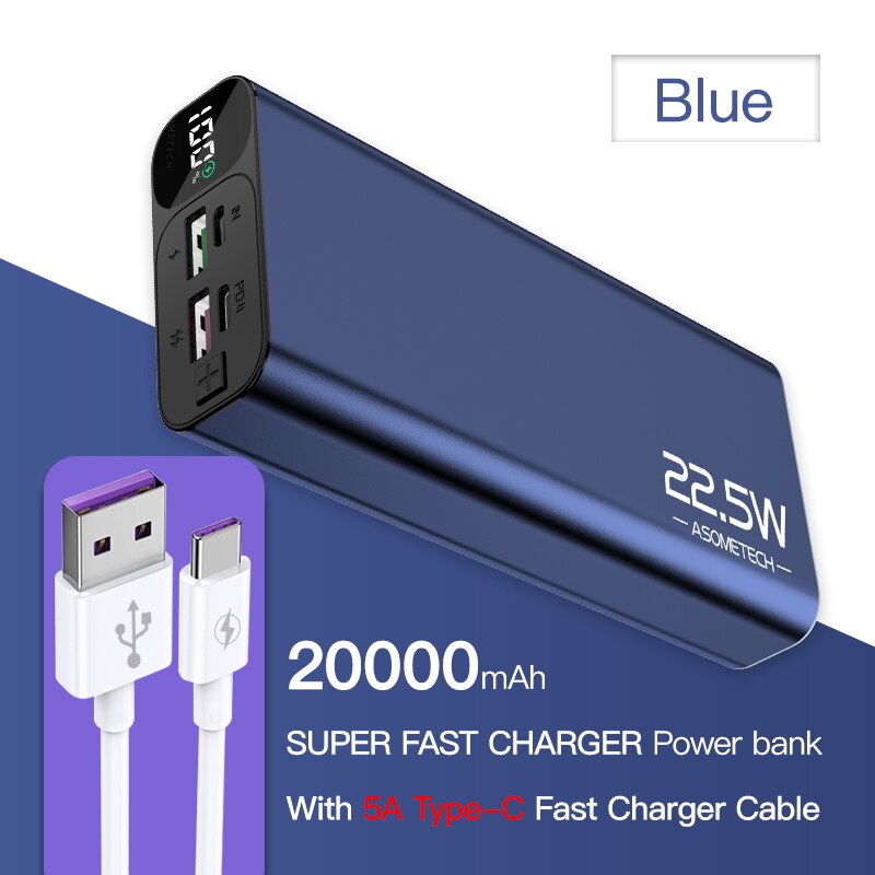 Carregador super rápido qc3.0 20000mah 5a, usb c pd3.0 flash, bateria externa para iphone 12 xiaomi: Blue With Cable A