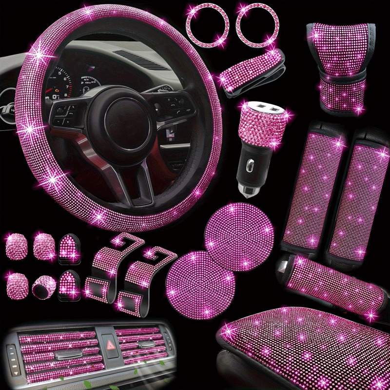 Juego de accesorios para coche, 30 piezas, cubierta Universal ostentosa para volante para mujer, salida de aire brillante, posavasos, herramientas, gancho L, freno de mano, Etc.: Marrón