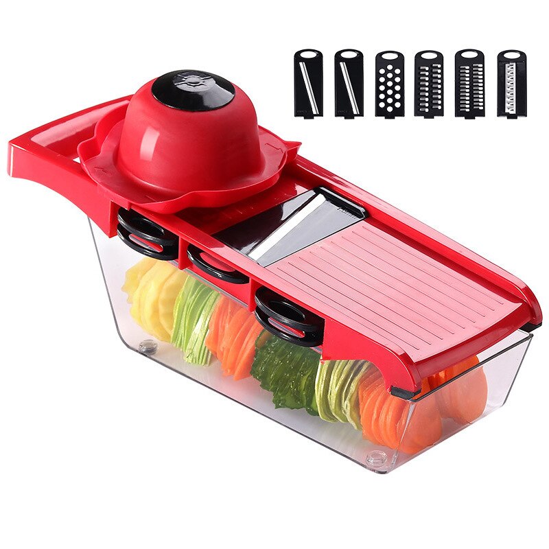 Groente Fruit Slicer Rasp Cutter Dunschiller Multifunctionele Keuken Accessoires Gadgets Chopper Slicer Met Grote Afvoer Mand: Red