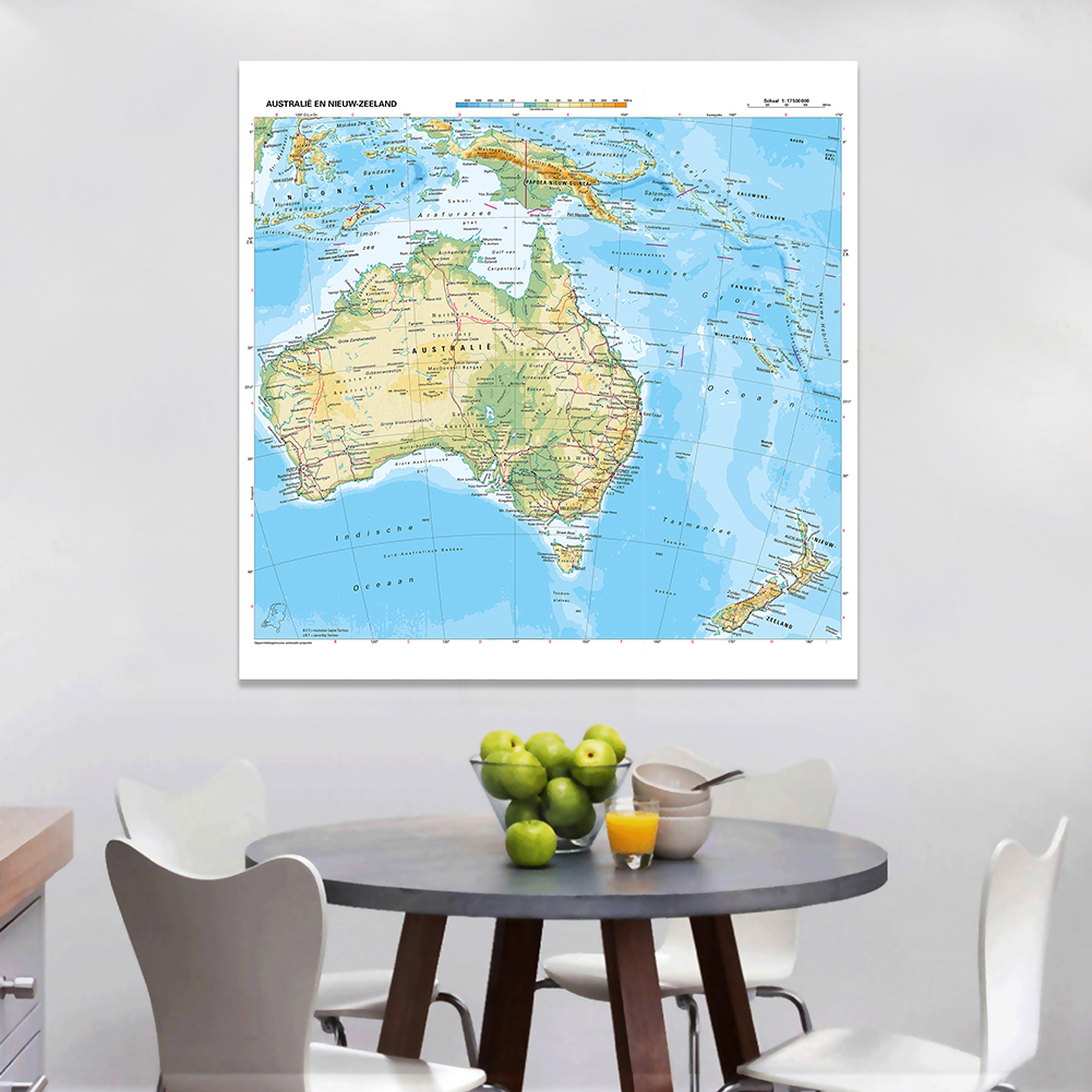 150*150cm Topographic Map of Oceania In Dutch Wall Poster Vinyl Canvas Painting Classroom Home Decoration School Supplies