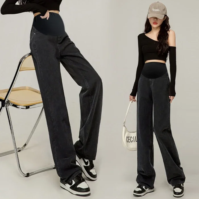 Denim graviditets lige lange jeans vide ben løse mavebukser tøj til gravide kvinder graviditets afslappet tøj: Sort / Xl